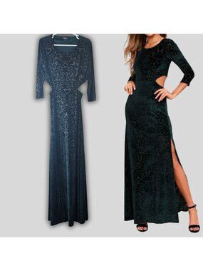 Lulus Formal Long Maxi Dress Sz XL Forest Green Velvet Burnout Print Party Glam